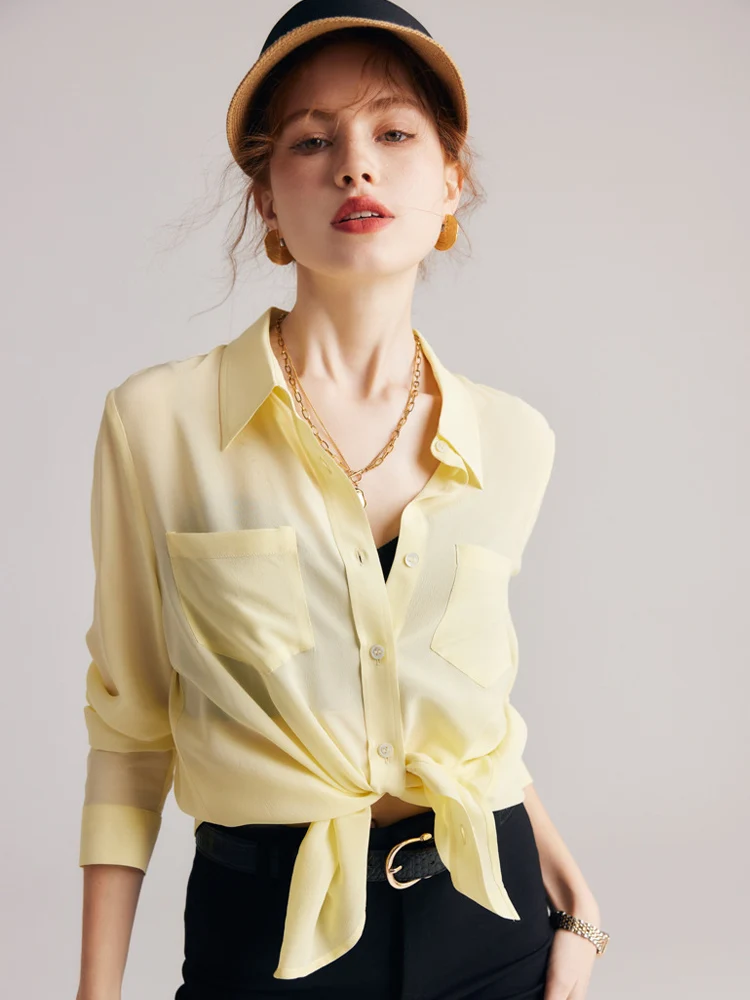 SuyaDream, Women Solid Shirts, 100%Silk Crepe de chine, Chest Pockets Chic Blouses, 2024 Spring Summer Office Lady, Pink