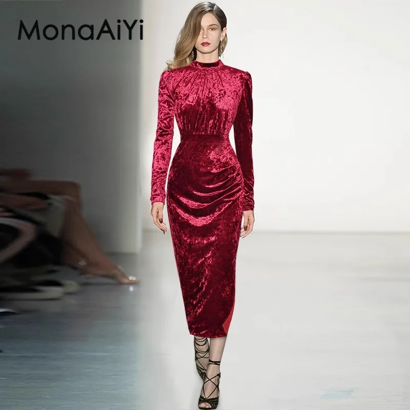 

MonaAiYi 2023 New Fashion Runway Designer Women's Standing Neck Bow Tie Long Sleeves Hip Wrap Split Princess Style Dress