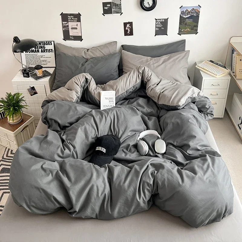 Dark Grey Solid Color Duvet Cover Set Reversible Modern Minimalist Style Nordic Bedding Set Soft Bed Queen Comforter Covers 4pcs