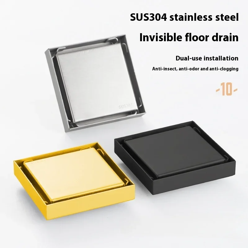 304 stainless steel invisible floor drain, black square bathroom, toilet, shower room, hidden drainage, anti odor floor drain