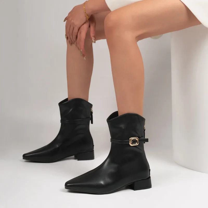 Women's Autumn New PU Leather Simple Solid Color Outdoor Non-slip Ankle Boots 2026 Sexy Pointed Toe Designer Office Boots 35-43