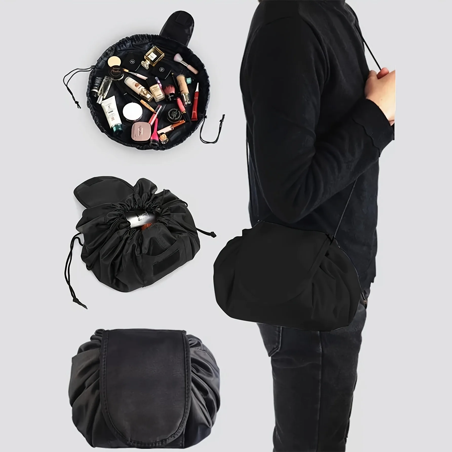 Large Capacity Polyester Makeup Bag with Inner Pocket, Casual Style Travel Toiletry Pouch, Portable Drawstring Storage Organizer