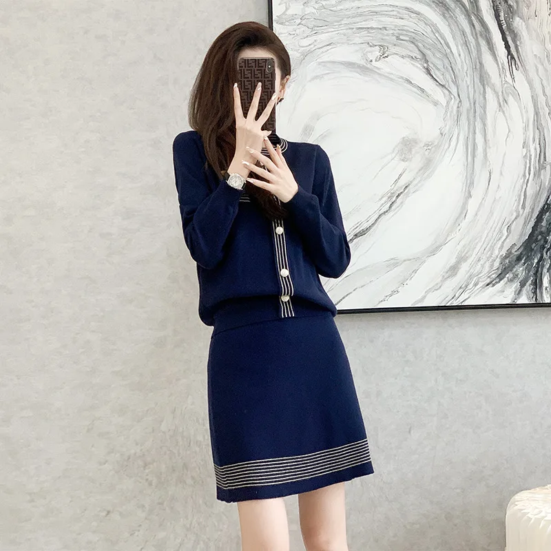 Blue 2 pcs Knitted Set 2026 New Women's Sweater+A-line Skirt Fashion Casual Set Skirt