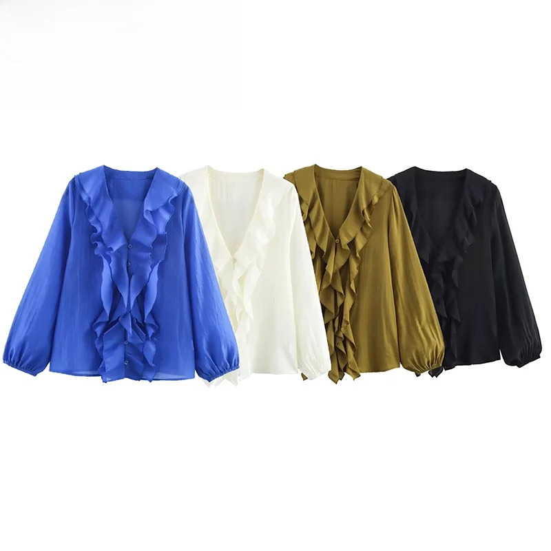 

ZBZA Spring New Women's Faion Design Decorative irt Layered Sle Long Sve V-Ne Polyester Fiber Straight Cut Commute
