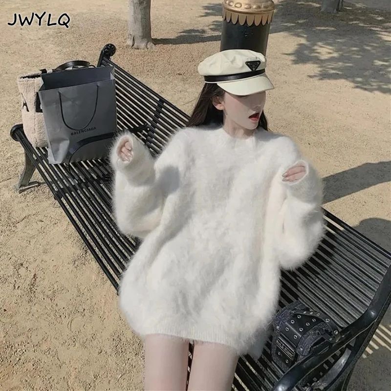 Autumn Winter O-neck Mink Fleece Oversize Pullover Sweater Women Solid Color Thick Warm Midi Sweater Simple Loose White Sweater