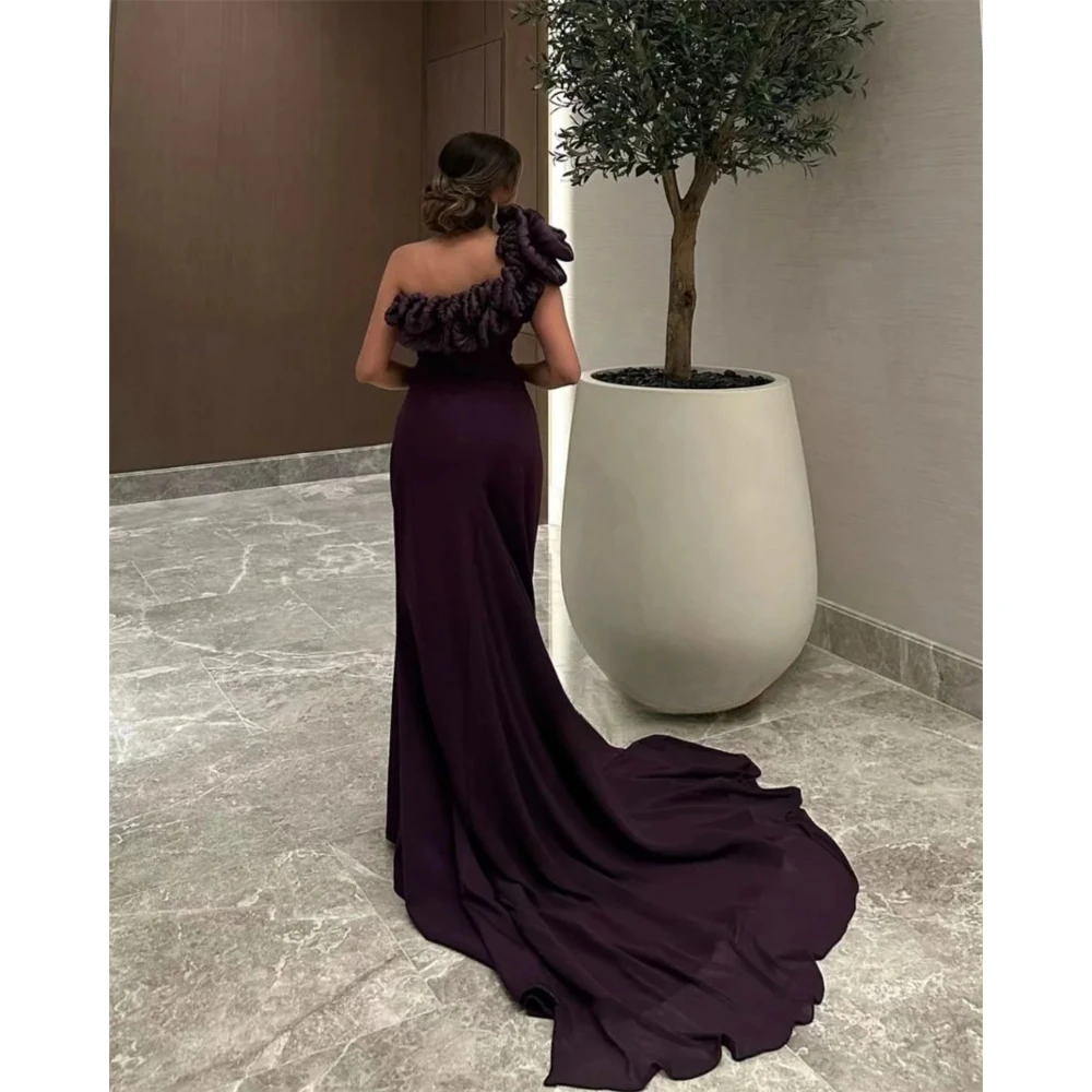 فستان حفلة موسيقية أرجواني داكن مخصص جيرسي مطوي كتف واحد حورية البحر فساتين طويلة سويب تراين فساتين سهرة رسمية 2025