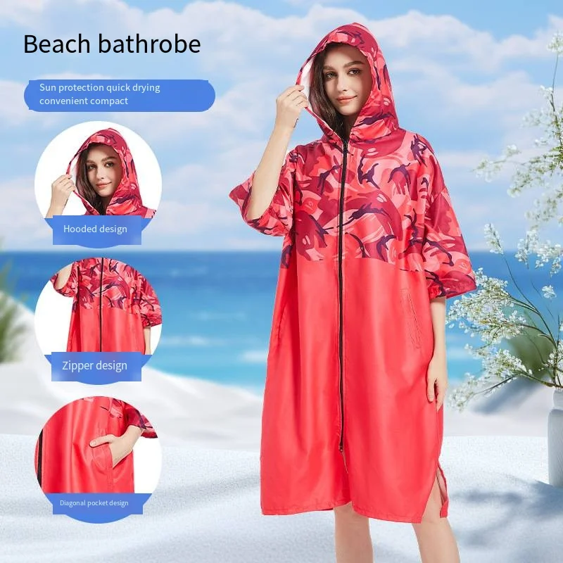 

New Women's Beach Cardigan Bathrobe Fashion Hooded Swimming Towel with Pockets Surfing Dive Changing Robe Microfiber Bath Cloak