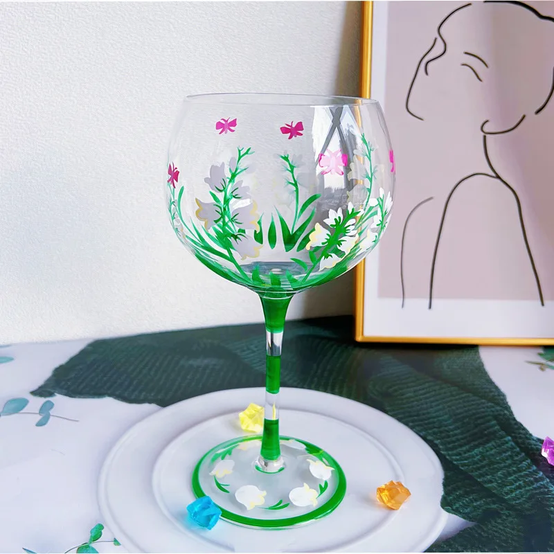 2Pcs Nordic Hand Painted Orchid Wine Glass Vintage Crystal Goblet Champagne Glass Bar Wedding Family Drinking Glass 650ml Gifts