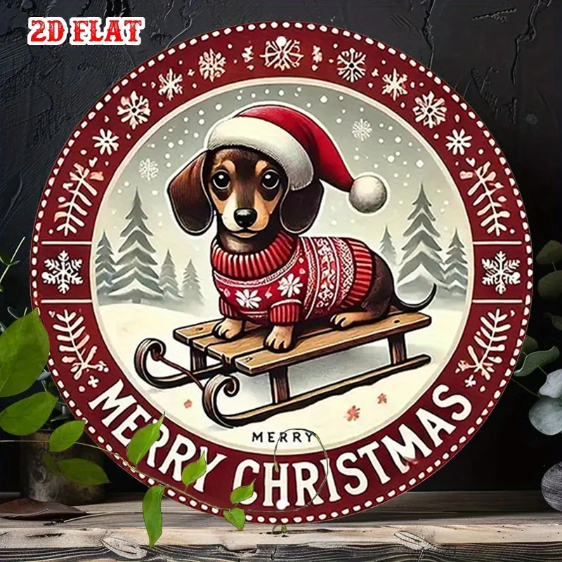 2D flach, 1 Stück rundes Weihnachtsschlitten-Fahrt-Wandschild aus Metall – 7,8 Zoll rundes Aluminium/Weihnachtsmann-Schlitten und Pferd im Freien