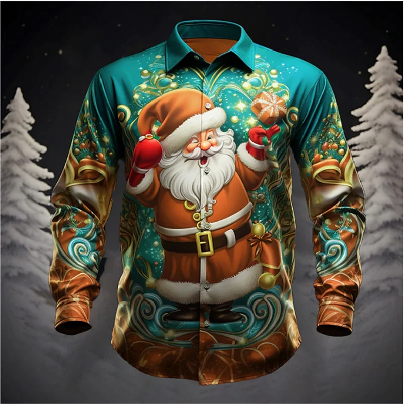 

Hawaiian Christmas Theme Santa Claus Tree Shirt For Men Casual Vintage Tops 3d Printed Flower Long Sleeve Clothing Holidays Y2k