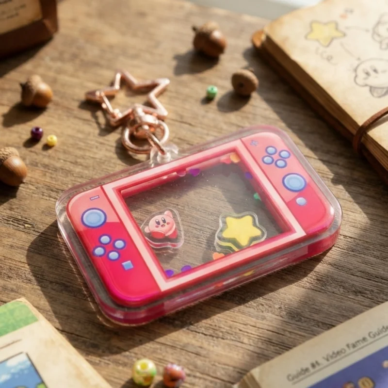 Kirby Handheld Game Console Shaker Acrylic Keychain Rose Gold Star Hook Cute Pastel Kawaii Dreamy Anime Bag Charm Ornament Gift