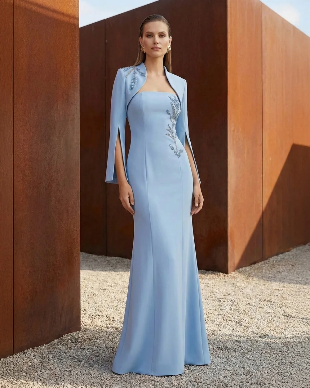 

Customized Elegant Women Jersey Rhinestone Pleat Mermaid Evening Dresses Formal Strapless Long Sleeves Floor Lenght Prom Dresses