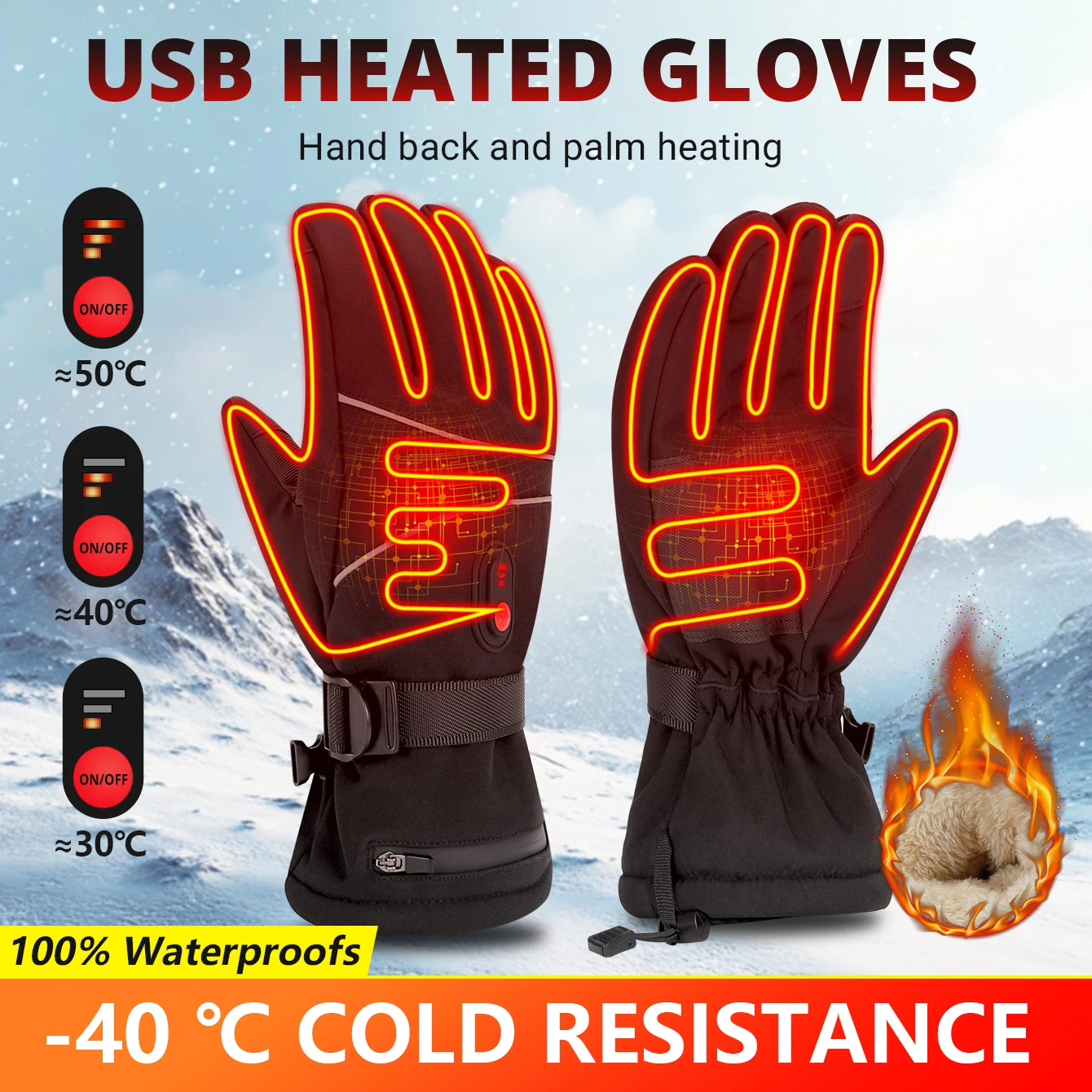 

Rechargeable Electric Ski Heated Gloves Winter Warm Heated Gloves Windproof Touchscreen Thermal Gloves for Motorcycle Cycling