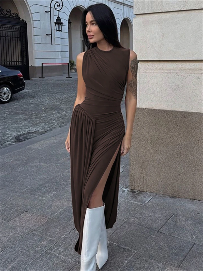 ストリートハイスプリットシャーリングドレス夏服女性 2025 ノースリーブマキシロングドレスイブニングパーティークラブセクシーなドレス Vestidos