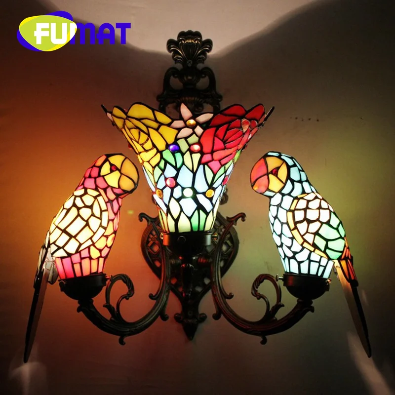 FUMAT Tiffany style stained glass three red rose parrot sconce light Restaurant bedroom headboard wall lamp aisle LED decor