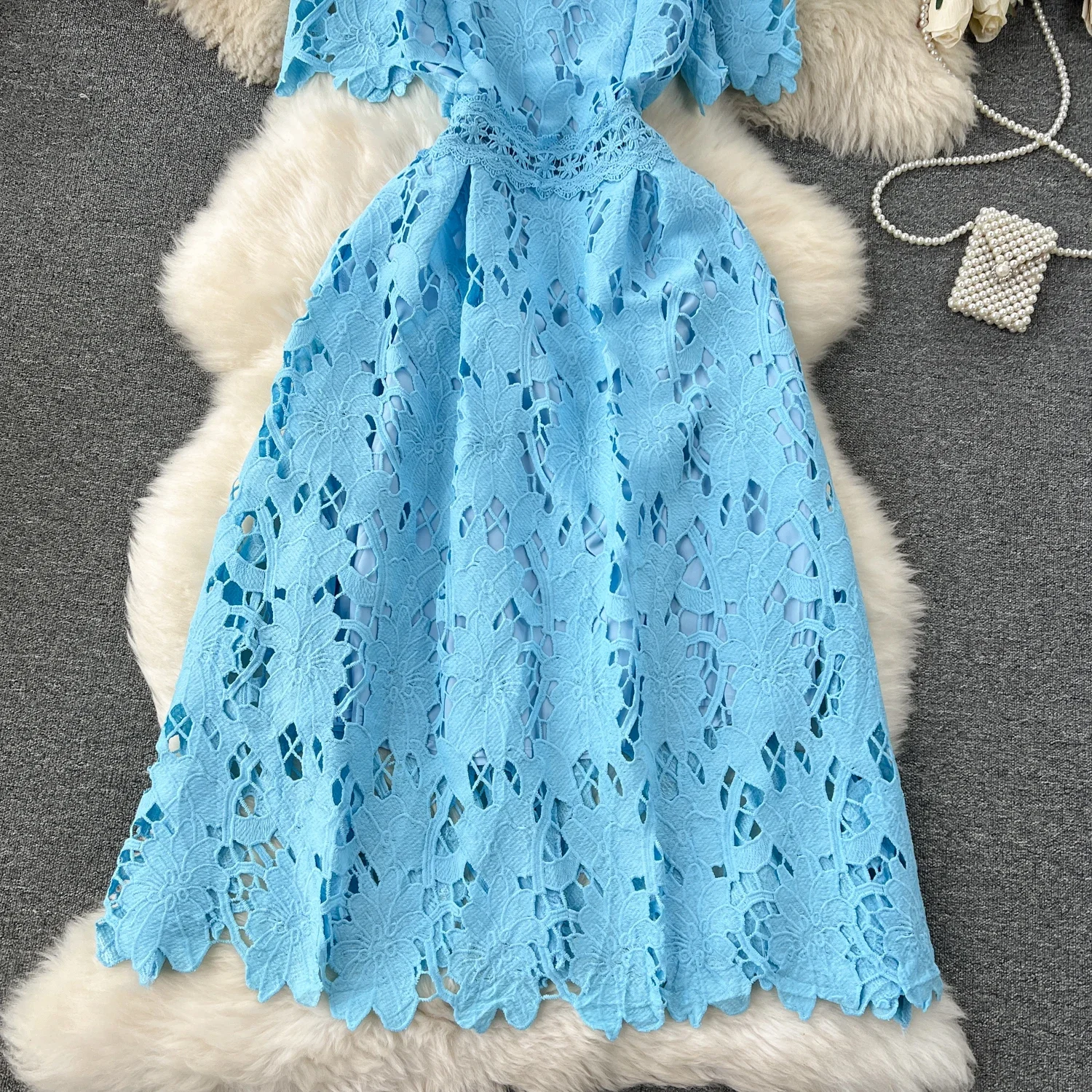 Franse vintage korte mouw kanten uitgesneden jurk A-lijn chic casual strandvakantie dames zomer O-hals jurken