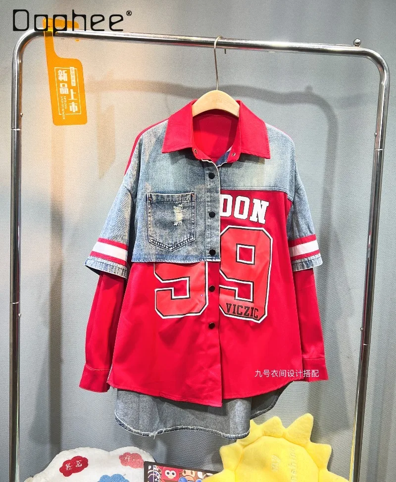 Estilo europeu retalhos denim camisa feminina outono nova impressão personalizada falso de duas peças manga longa na moda camisas de grandes dimensões