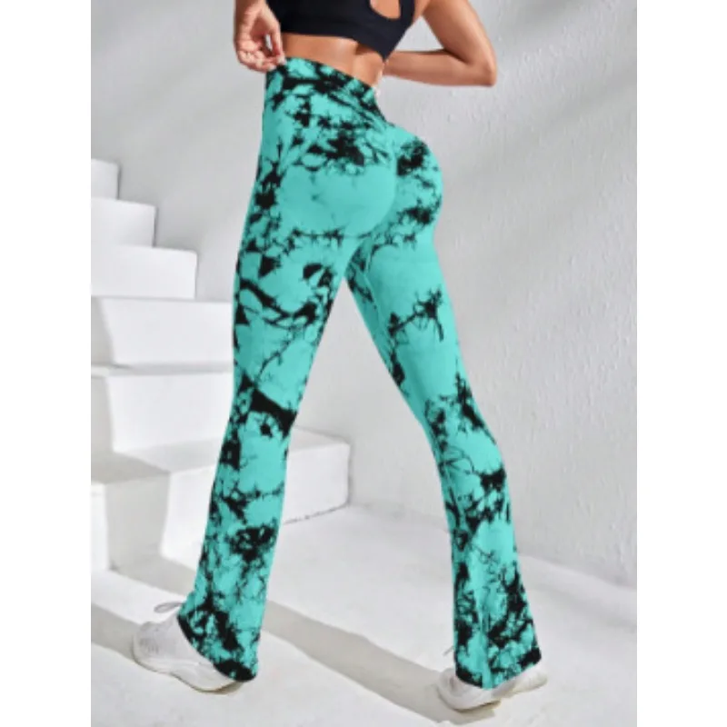 Women Tie Dye Flared Pants Knit Seamless Leggings High Waist Butt Lift Fitness Pants Gym Yoga Cycling Skinny Stretchy Leggings