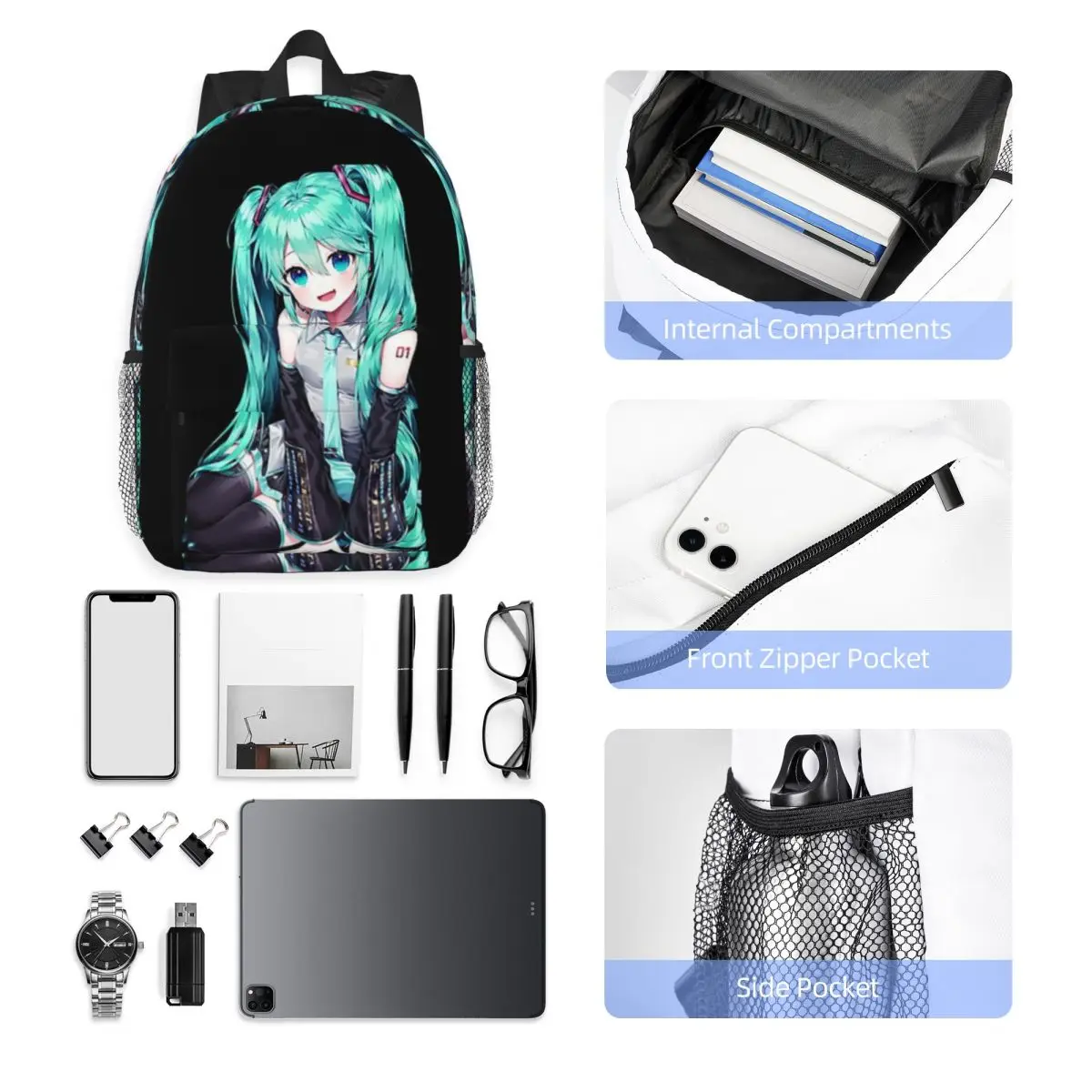 Tas sekolah kasual ringan motif hatsune-miku untuk sekolah, luar ruangan, belanja, kantor 15 inci