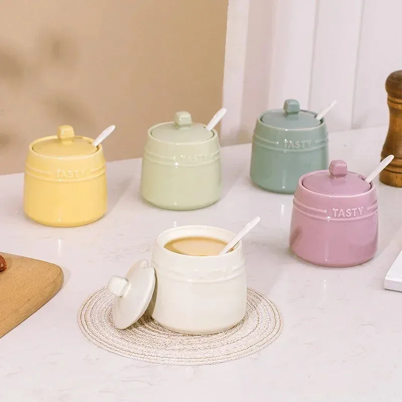 

Porcelain Condiment Jar Container with Lid Spoon Ceramic Sugar Bowls Seasoning Box Salt Jars Tea Caddy for Kitchen Countertop