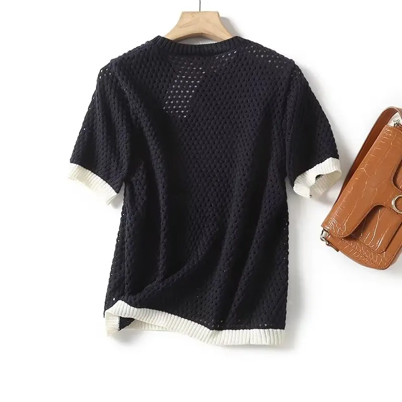 Maxdutti Fashion Navy Summer T-Shirt French Office Ladies Short Sleeve T-Shirt Elegant Textured Color Matching Tops Women