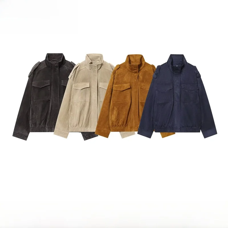 Autumn Winter New Arrival Women's Faion Versatile Faux Leather Velvet Texture Jaet Loose Fit Polyester Long Sve Zipper