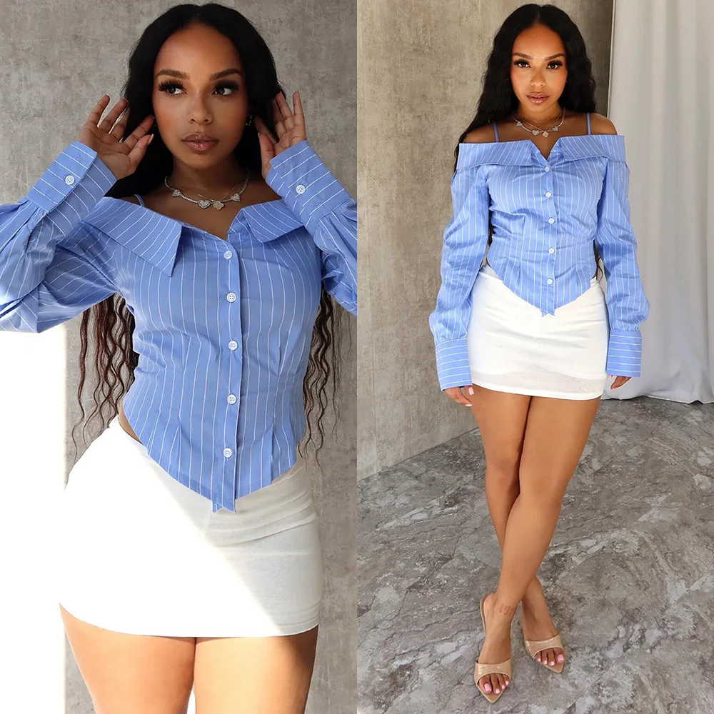 

European and American-style women's blouses Long-sleeved tops Off-the-shoulder shirts Distinctive blouses for women