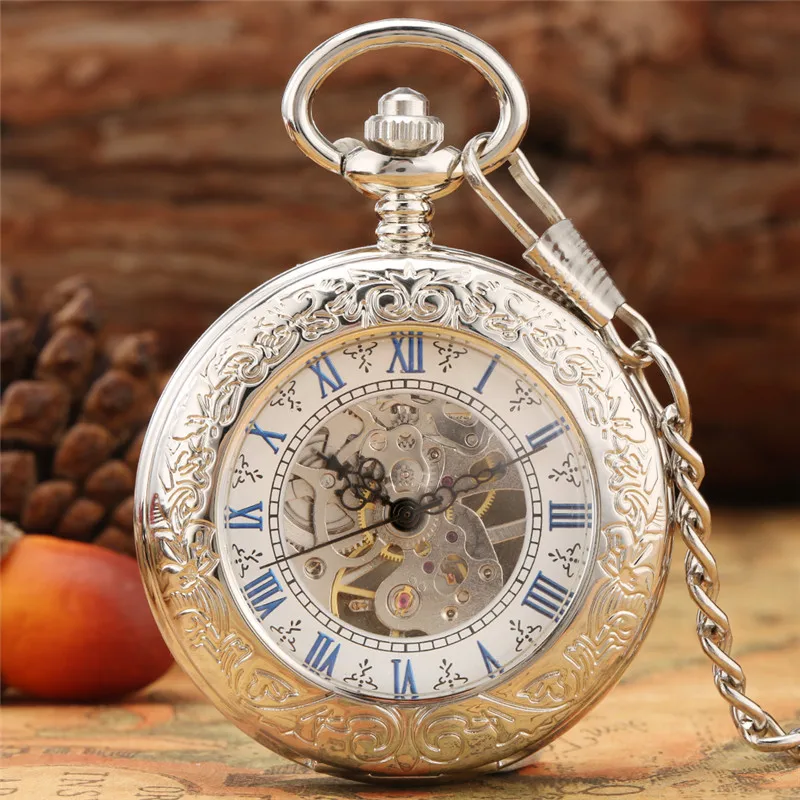 Silver Hand-winding Mechanical Pocket Watch for Men Women Roman Number Half Hunter Skeleton Clock with Pendant Chain Gift