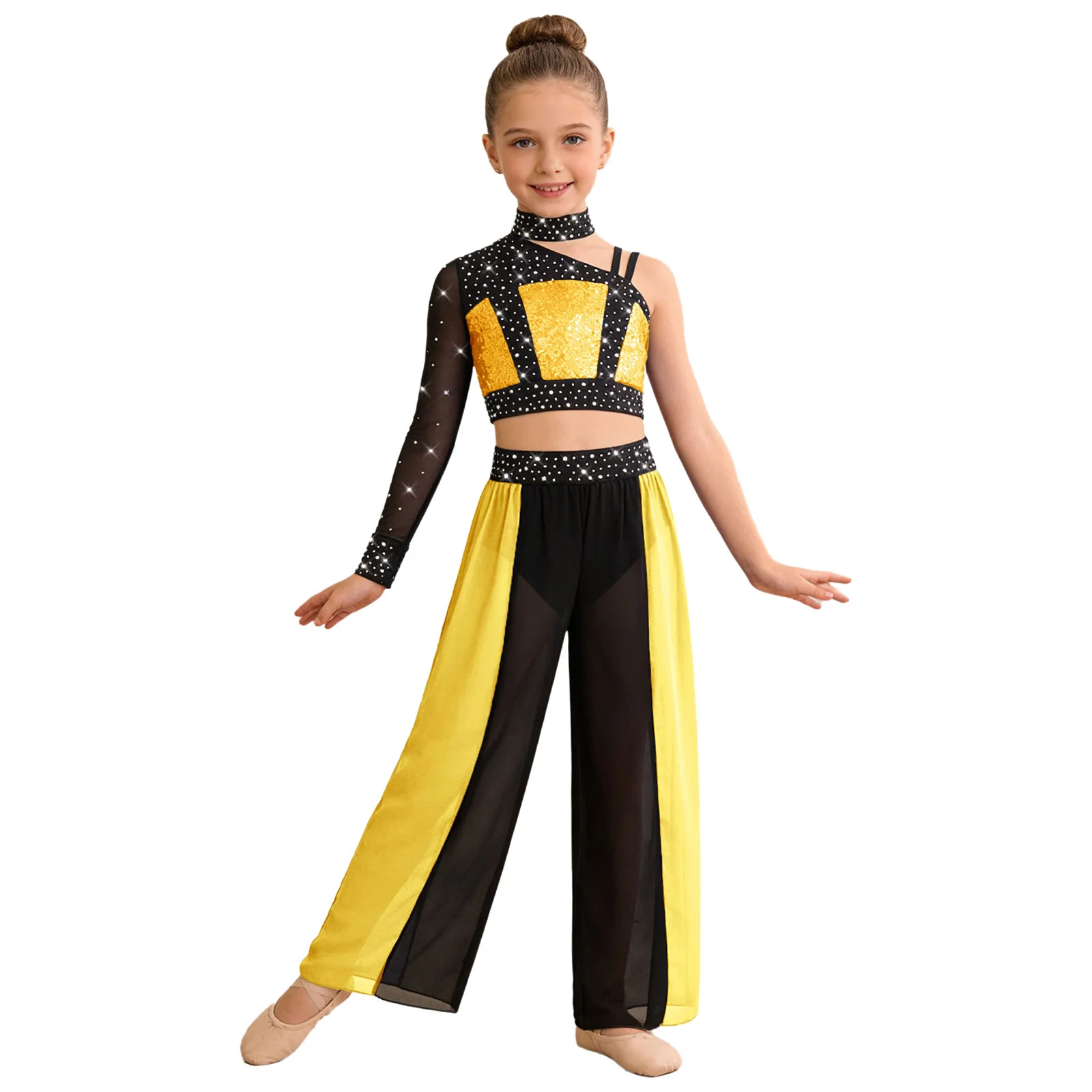 Kids Girls Lyrical Modern Dance Outfits Shiny Rhinestones Mesh Crop Top with Chiffon Pants Ballet Skating Jazz Ballroom Costume