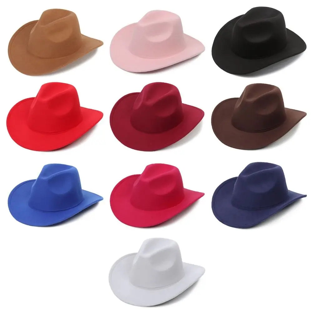 New Wide Brim Cowboy Hat Solid Color Felt Jazz Cap Formal Hat Women Men