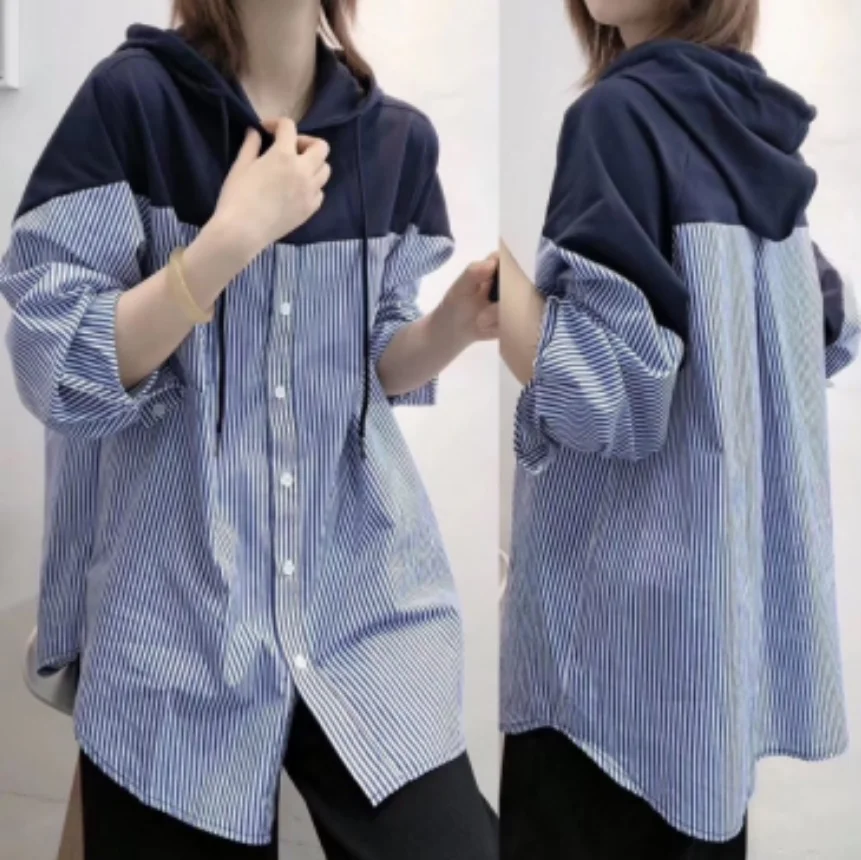 

Loose Long Sleeve Hooded Women's Shirt Spring Autumn New Design Casual Versatile Street Style Sweatshirt Color Block Top