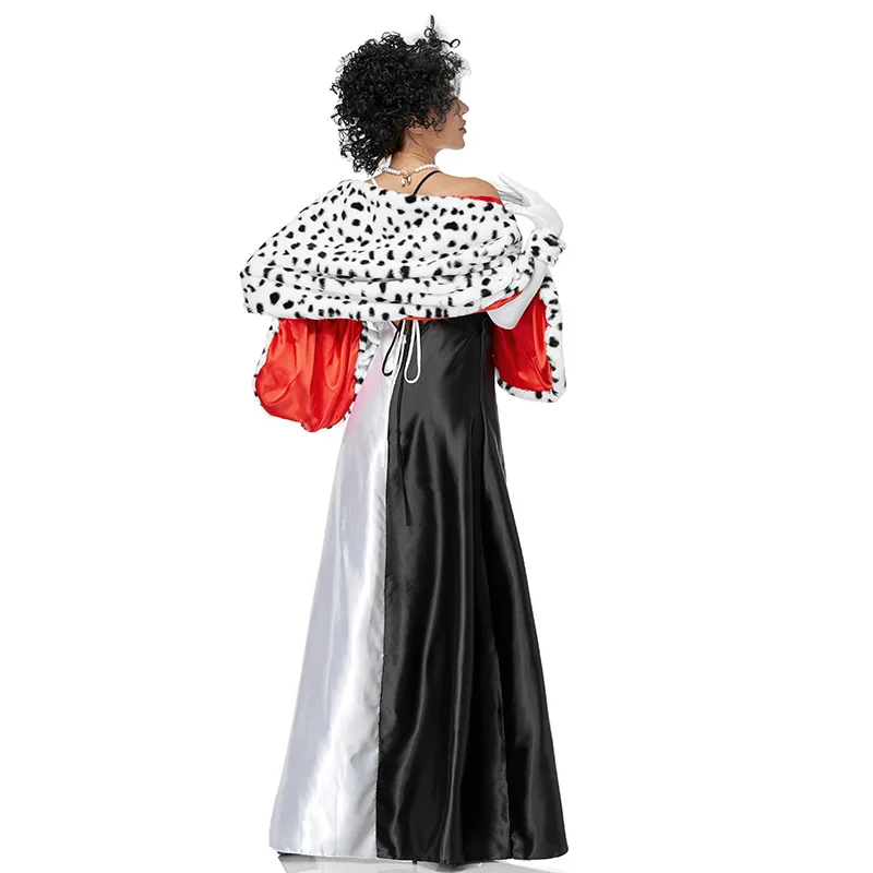 Halloween Black and White Cruella Movie Costume Women Sexy Halter Dress with White Black Spotted Cape Set Fashion