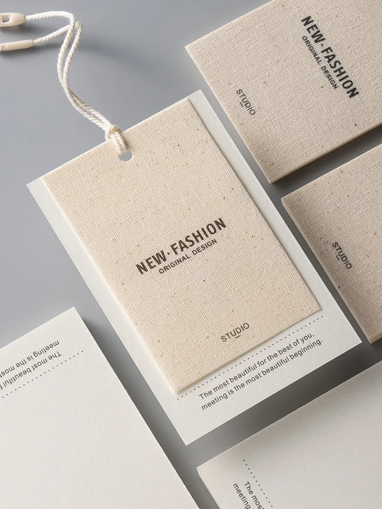 ヴィンテージコットンリネン製ハンギングタグ、カスタム衣料品ラベル、価格・サイズタグ、衣料品商標ブランド、ハンギングカードデザイン、カスタマイズ可能