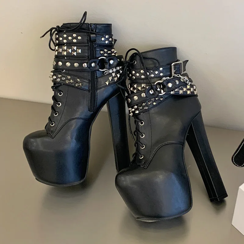 Eilyken Silver Chain Belt Buckle Platform Women Boots Fashion Chunky High Heels Round Toe Nightclub Zipper Shoes - view 3