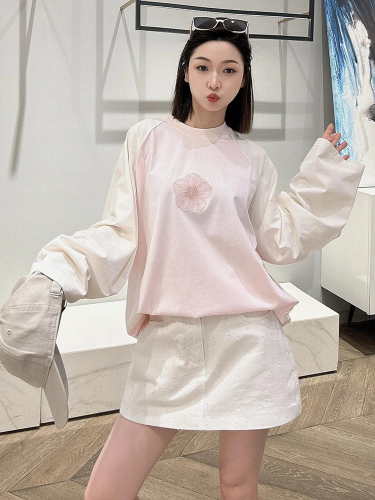 

Ele Sweet Summer Long Sve T-irt Women's Premium Faionable Embroidered Flower Top round Ne Loose Fit Commute Sle