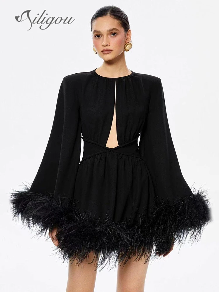 

Ailigou 2023 New Summer Women's Black Ball Party Dress Hollow out Sexy Round Neck Long Sleeve Feather Mini Dress Vestido