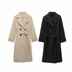 PB&ZA2024 Autumn New Product Casual Women's Fashion Solid Color Collar Button Decoration with Belt Midi Wind Coat Coat