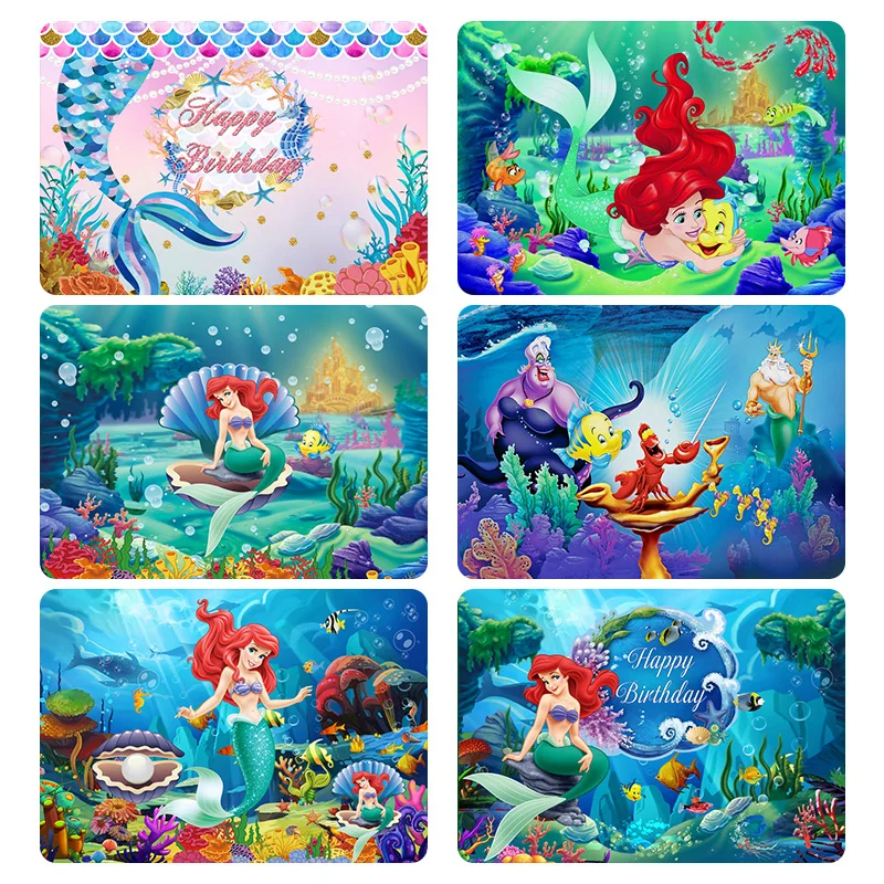 Disney Mermaid Backdrop Photography Baby Birthday Party Photocall Seabed Shell Treasure Star Poster Backgrounds for Photo Studio