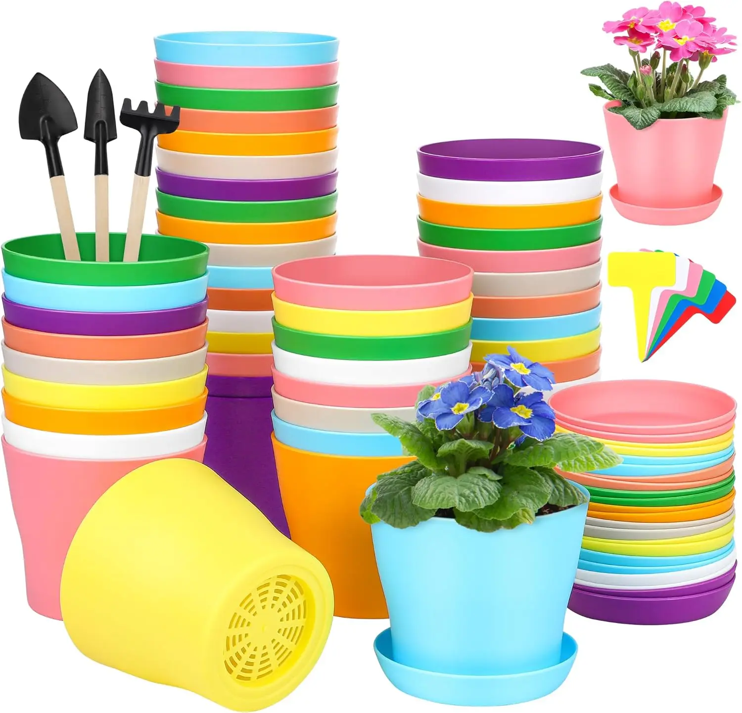 

48 Pack 4 Inch Plastic Planters with Drainage Holes & Saucers, Thickened Seedling Pots for Indoor Outdoor Garden, Multicolor