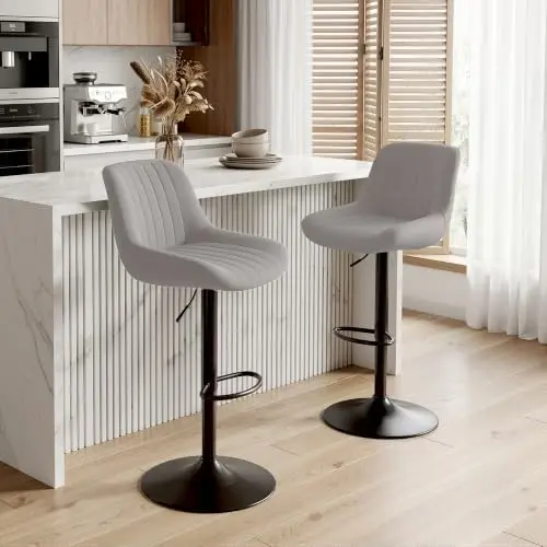 Swivel Bar Stools, Adjustable Bar Stools Set of 2, Light Gray | Upholstered Fabric Barstools with Ergonomic Curved
