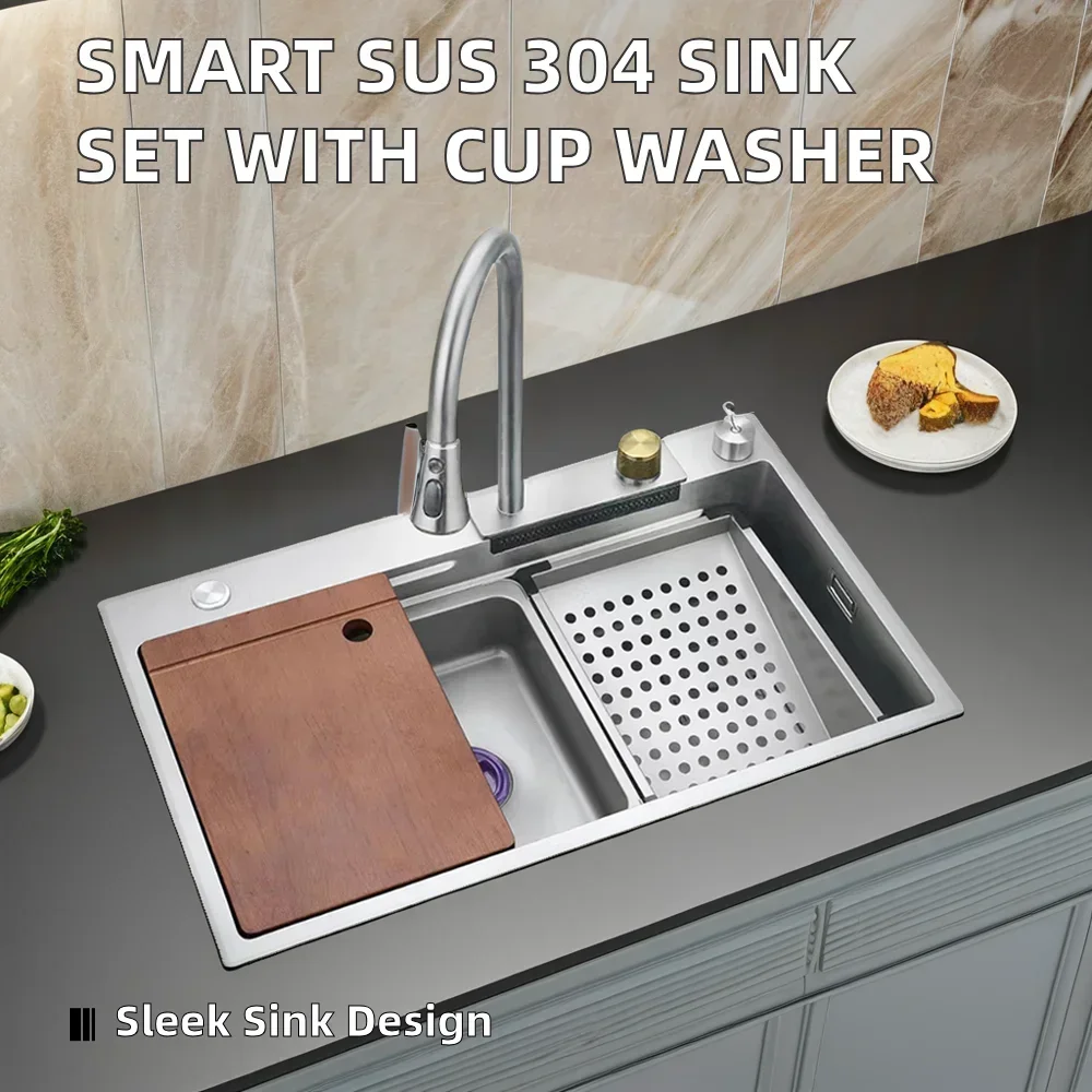 SUS 304 Stainless Steel Smart Double Bowl Kitchen Sink Silver Color With Cup Washer Drainer One-Hole Nano Surface Treatment