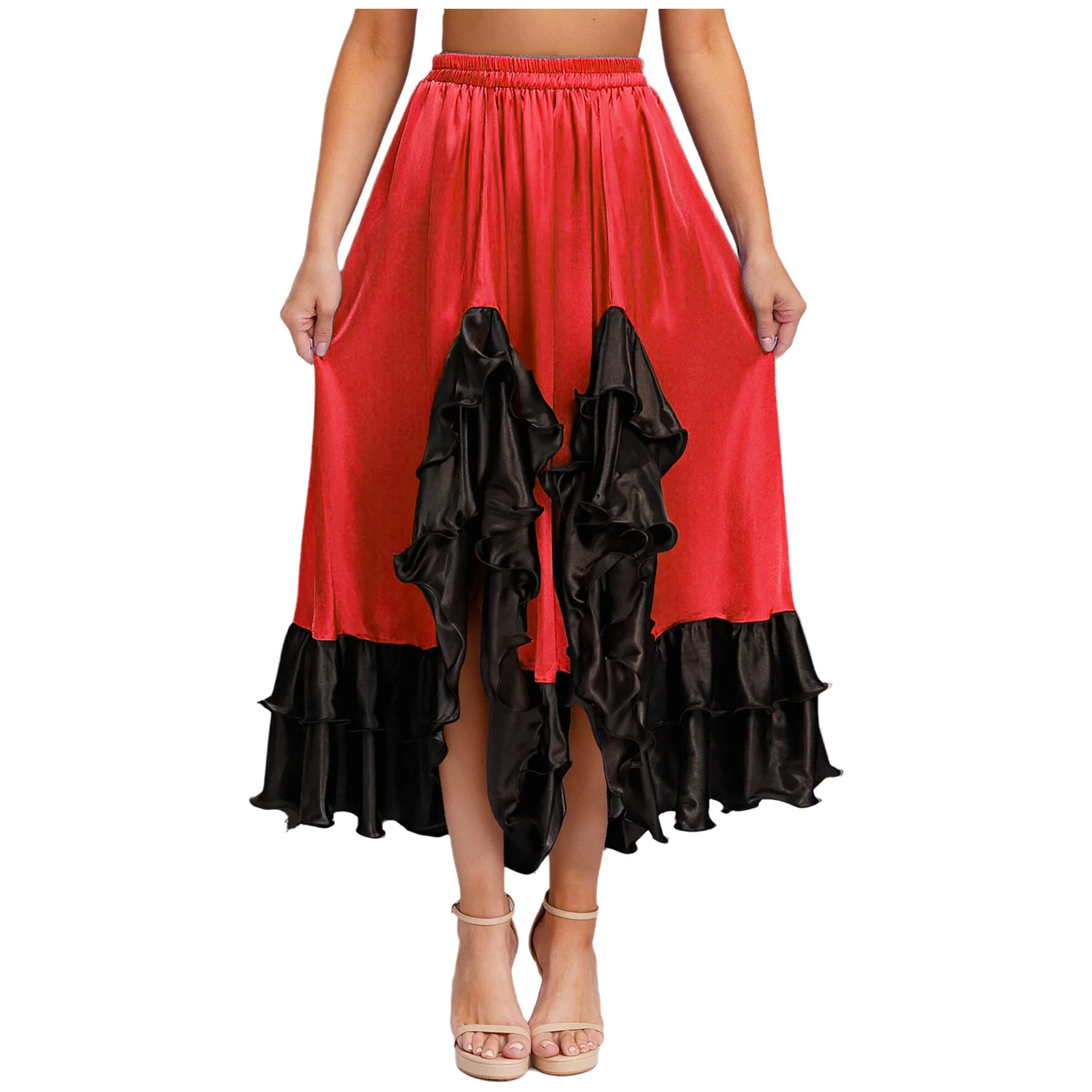 Falda de baile flamenco para mujer, dobladillo Irregular con volantes, falda con cintura elástica de satén de Color contrastante para baile español, Tango y Salsa