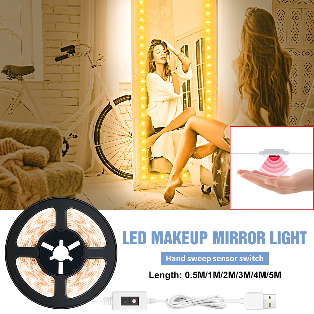 

LED Vanity Light USB Dressing Table Makeup Mirror Lamp Bathroom Mirror Light Room Decoration Hand Sweep Sensor Dimming Wall Lamp