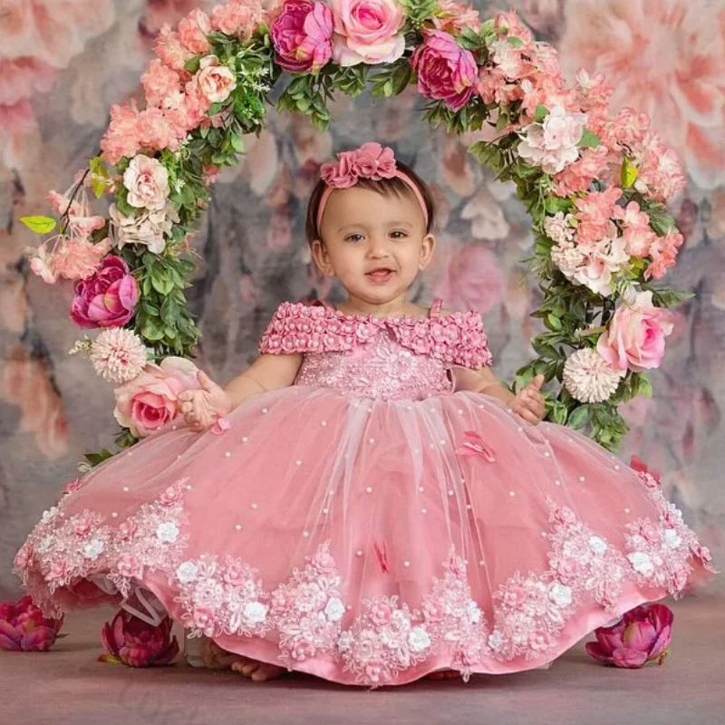 Customized Rose Pink Flower Girl Dresses Pearls Butterfly Flowers Short Sleeve For Wedding Birthday Party Banquet Princess Gowns