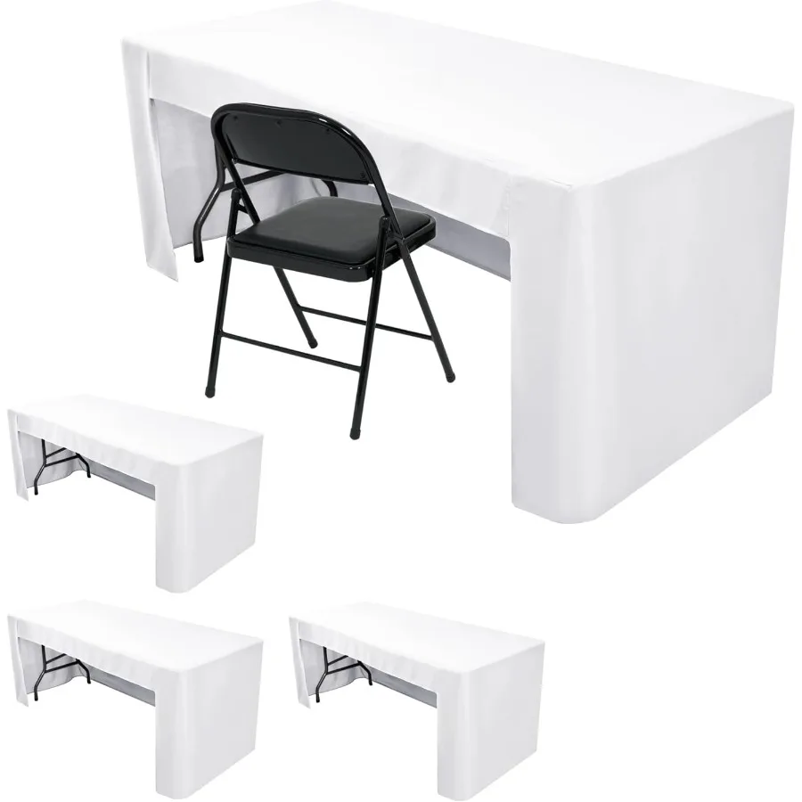 

4 Pack White Fitted Table Covers for 8 Foot Tables-Open Back Tablecloth Washable Fabric Table Cloth for Parties, Wedding, Banque