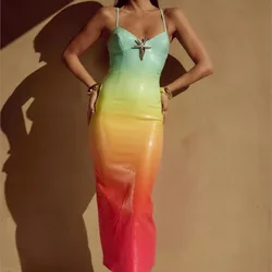 V Neck Patchwork Gradient Fashion Maxi Dress Women Summer Sleeveless Slim Pencil Dress 2025 Backless Sexy Ladies Dress Vestido