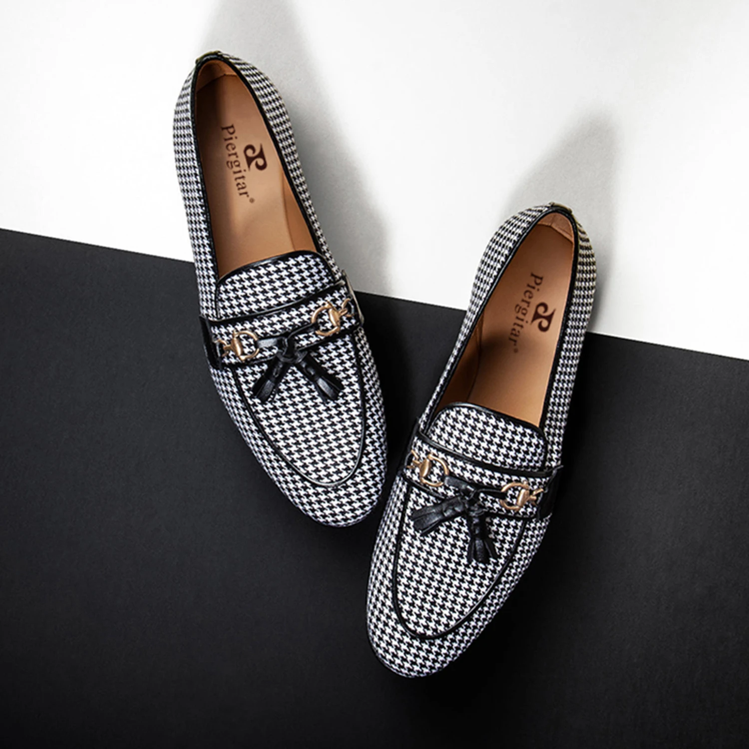 Piergitar Italian Style Haute Couture Houndstooth Wool Slip-On Loafers Handcrafted Metallic Leather Tassels Men's Moccasins