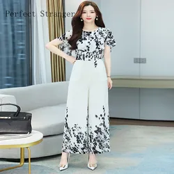 2022 Summer New Arrival Hot Sale Round Collar Ruffles Short Sleeve Collect Waist Women Chiffon Slim Jumpsuits White