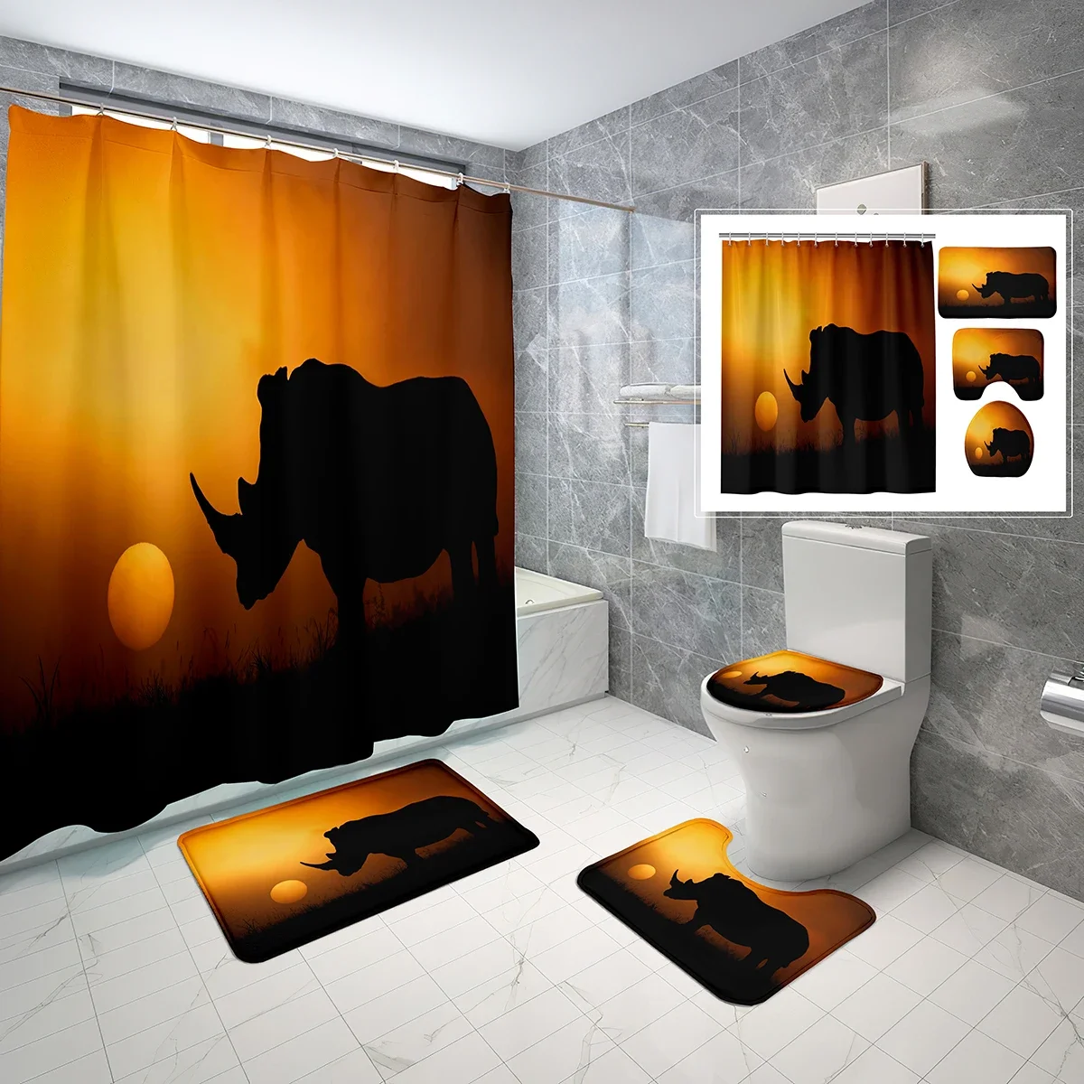 

4 Pcs Rhino Theme Shower Curtain Sets Sunset Dusk Grassland Wildlife Non-slip Bath Mat Toilet Lid Waterproof Shower Curtain Set