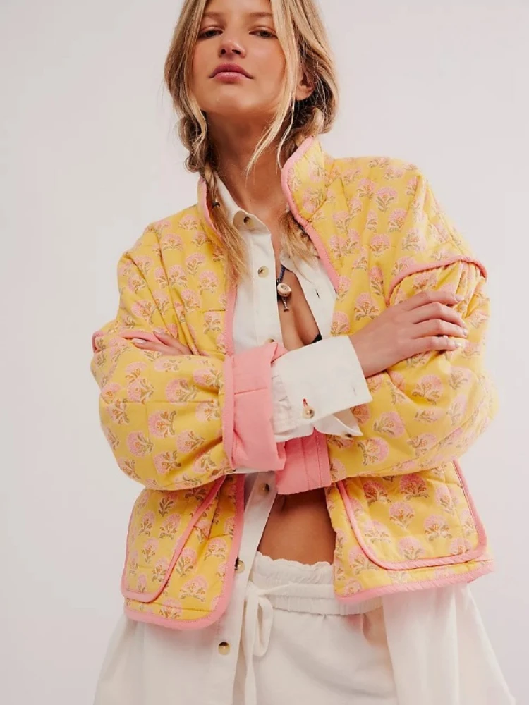 Vintage Harajuku Floral Print Cotton Coat Autumn Winter Women's Clothing Patchwork Cardigan Warm Cropped Jackets Outerwear Trend